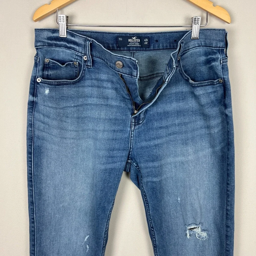 Hollister Athletic Skinny Jeans Mens 34x29 Distressed Stretch Denim Medium Wash‎